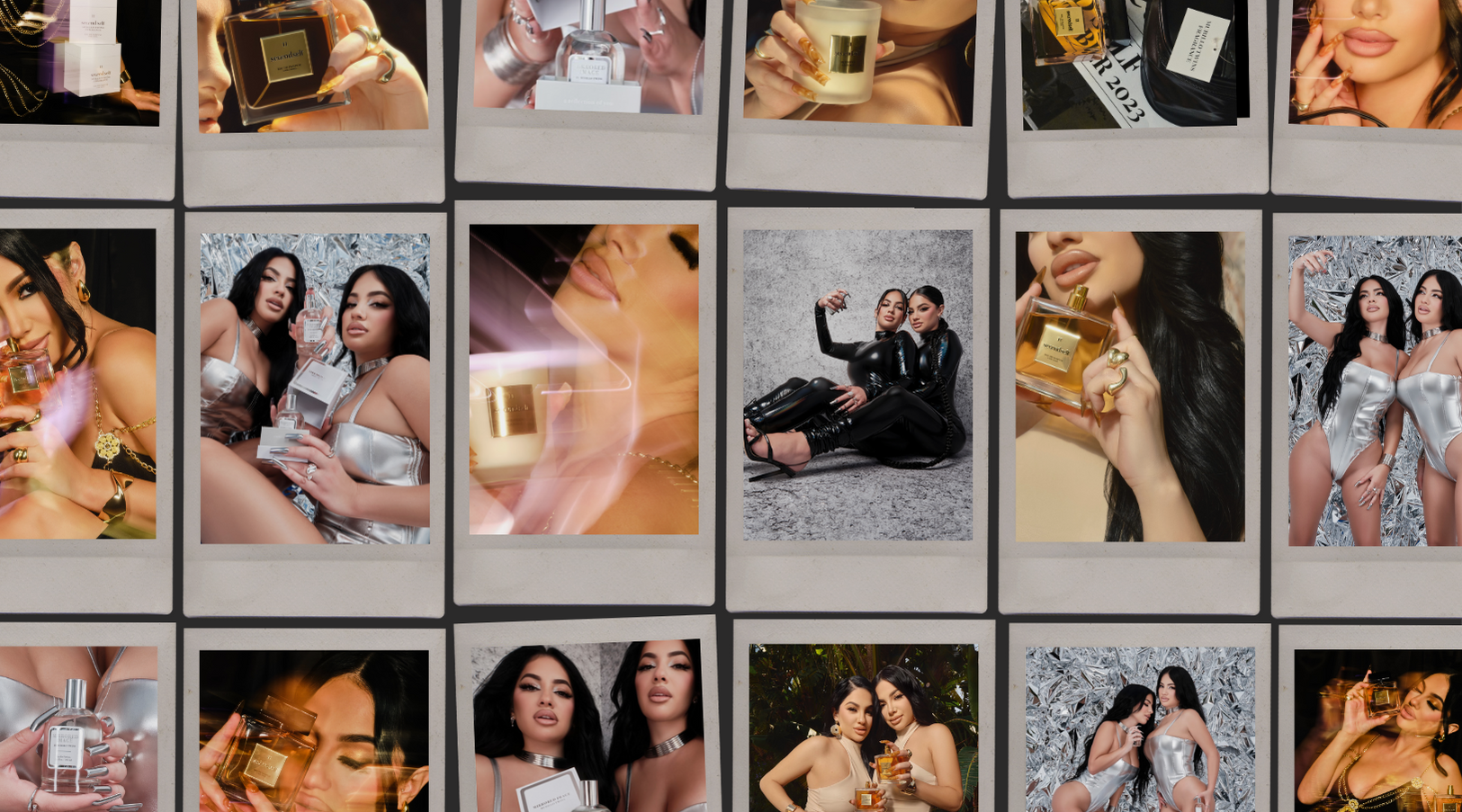 A series of Polaroid photos featuring Brittany and Briana Murillo showcasing various products from the Murillo Twins Fragrance collection.