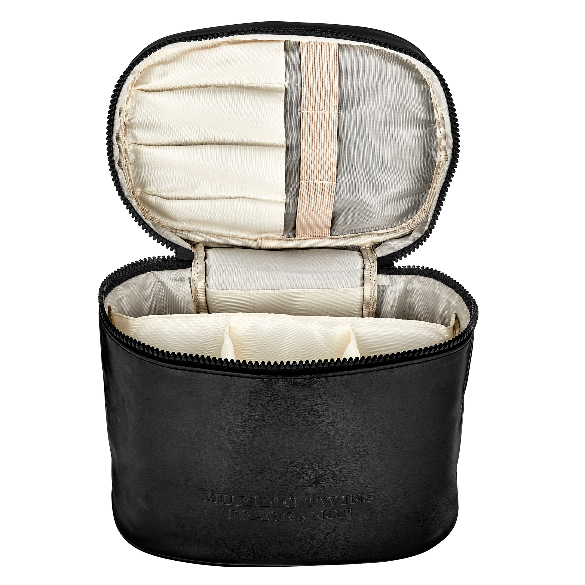 A close-up of the sleek, black, spacious, and luxurious Second Self makeup bag, with the zip closure top flipped open, offering a glimpse inside.







