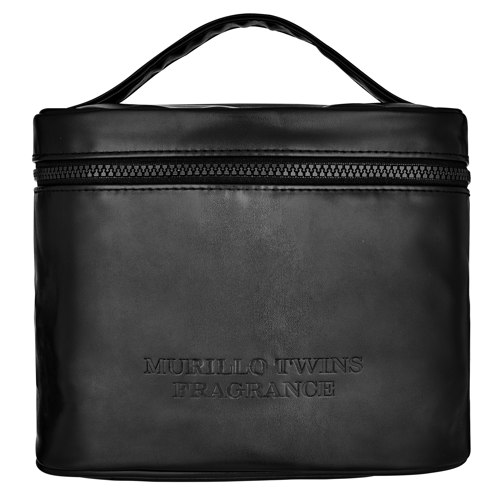 A close-up of the sleek, black, spacious, and luxurious Second Self makeup bag.