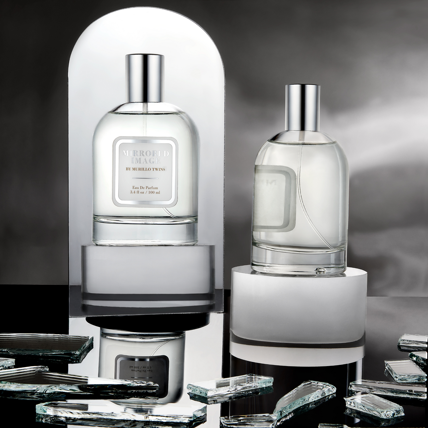 Mirrored Image, The Murillo Twins' fragrance, stands amidst carefully arranged shards of glass, creating a captivating and elegant display, symbolizing sophistication and allure